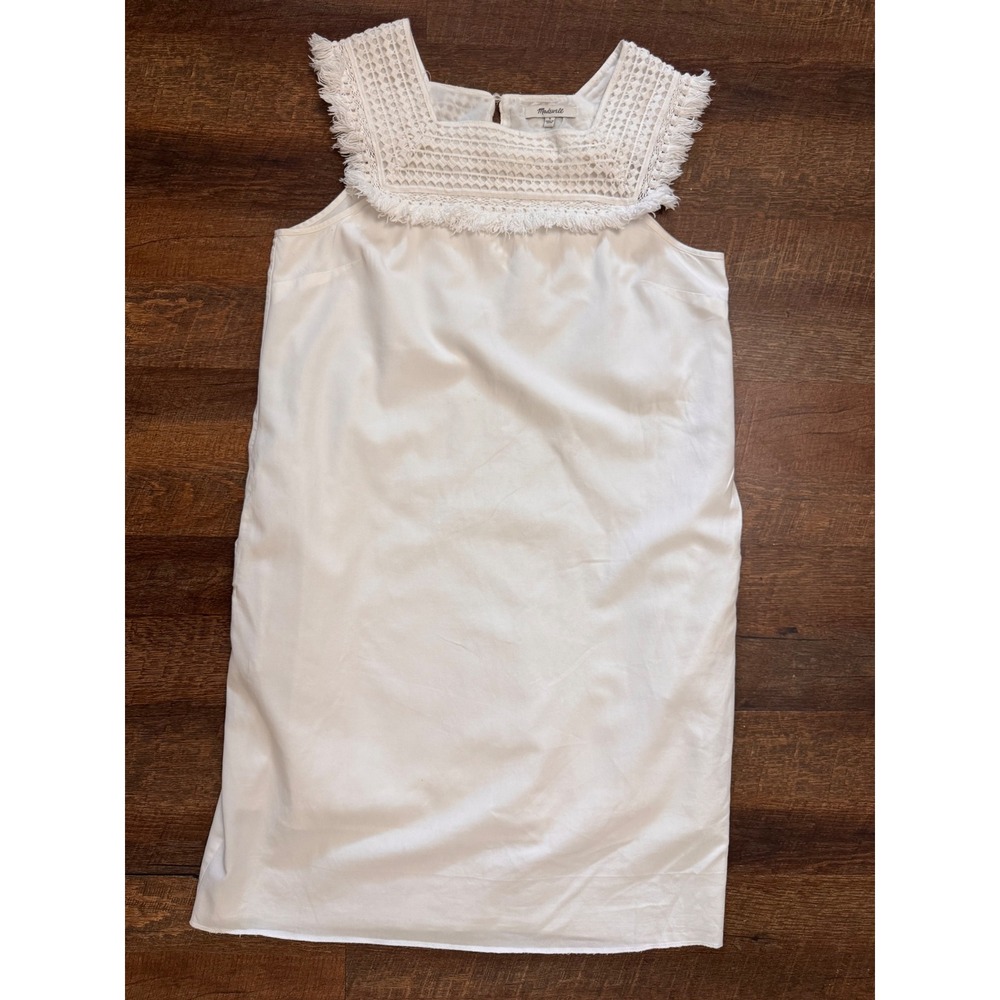 Madewell White Crochet Fringe Shift Dress Size 6 Boho Sleeveless Pockets